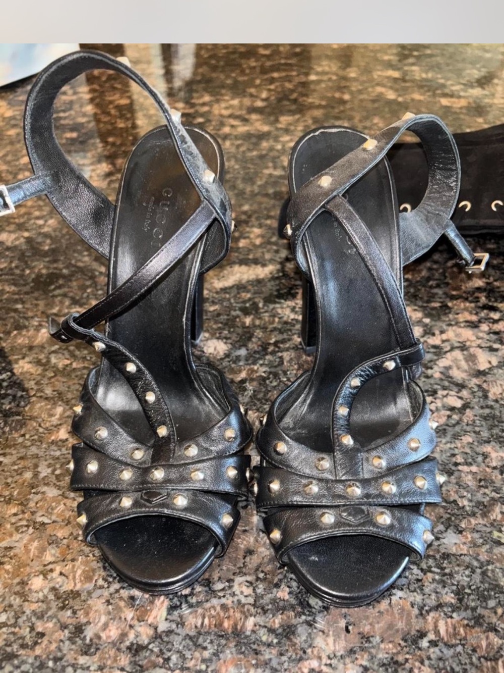 Gucci Black Leather Studded High Heel Sandals